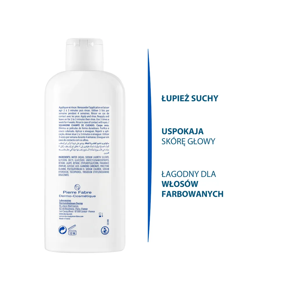 Ducray Squanorm, szampon przeciwłupieżowy, łupież suchy, 200 ml 