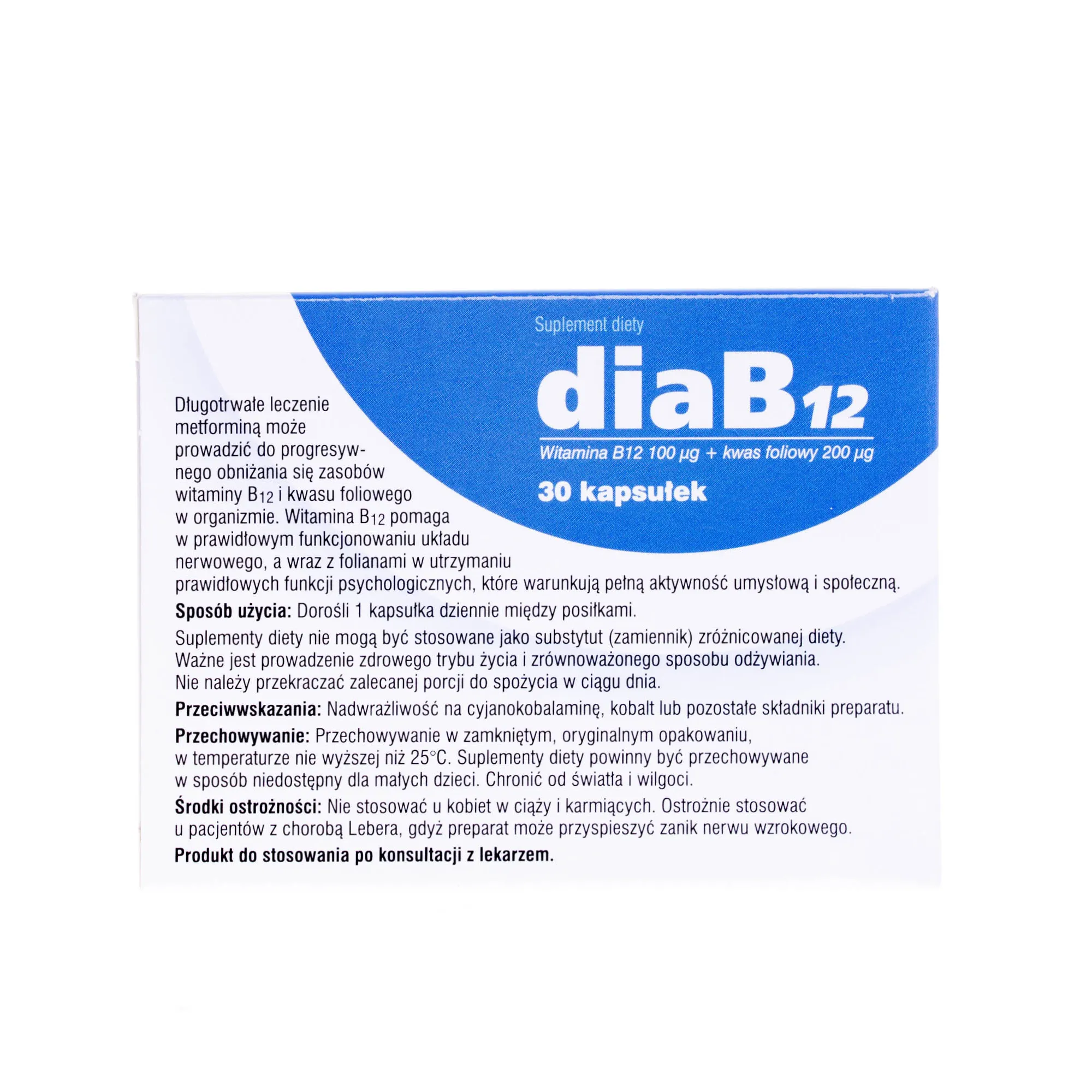 DiaB12, witamina B12 100 μg + kwas foliowy 200 μg, 30 kapsułek 