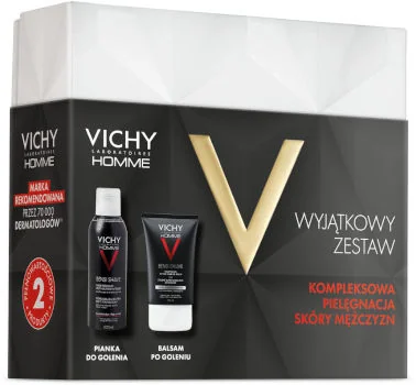 Vichy Homme zestaw prezentowy łagodna pianka do golenia przeciw podrażnieniom, 200 ml + kojący balsam po goleniu Vichy Homme zestaw prezentowy łagodna pianka do golenia przeciw podrażnieniom, 200 ml + kojący balsam po goleniu