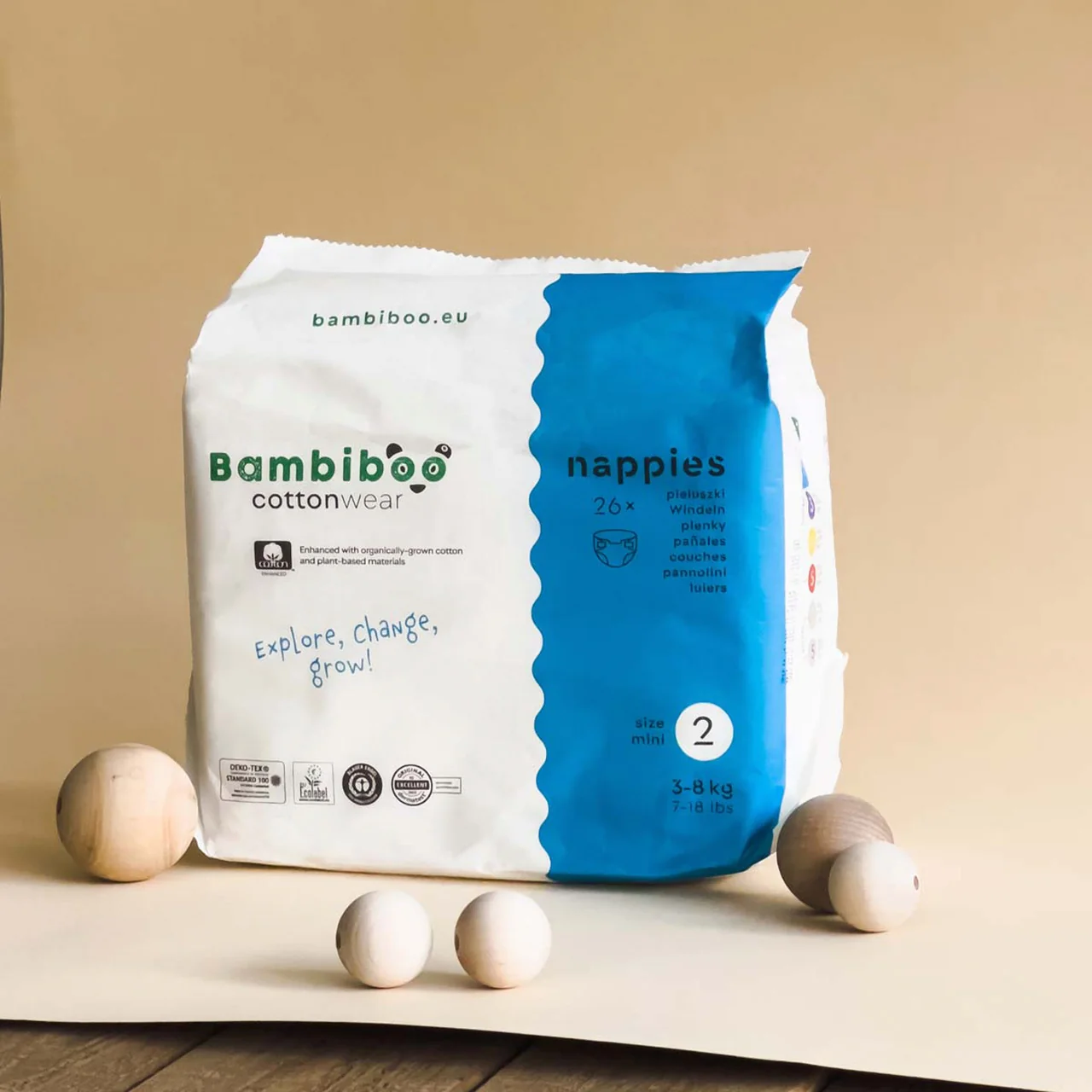 Bambiboo COTTONWEAR jednorazowe pieluszki z bawełną organiczną i wycięciem na pępek rozmiar 2, 26 szt.