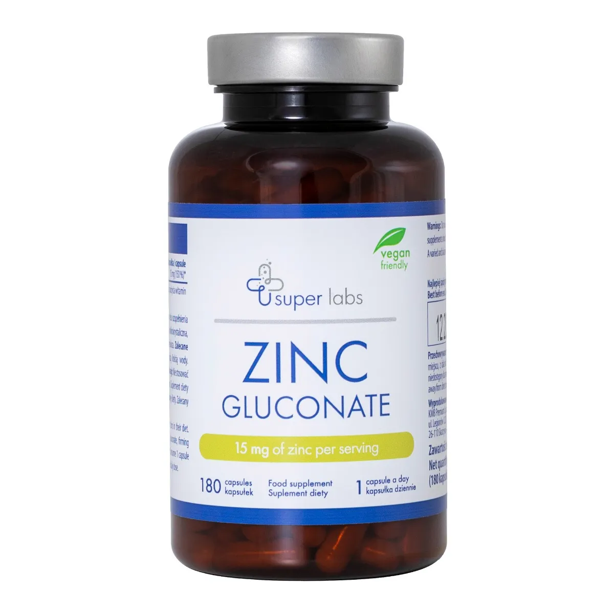 Super Labs Zinc Gluconate, suplement diety, 180 kapsułek