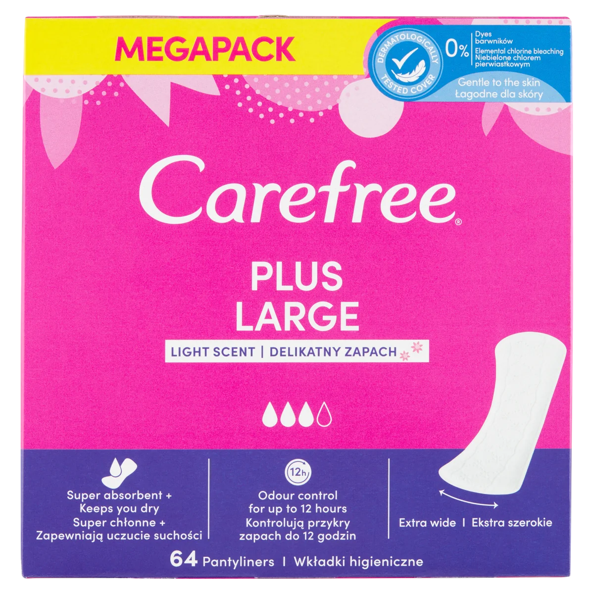 Carefree Plus Large duże wkładki higieniczne, 64 szt.