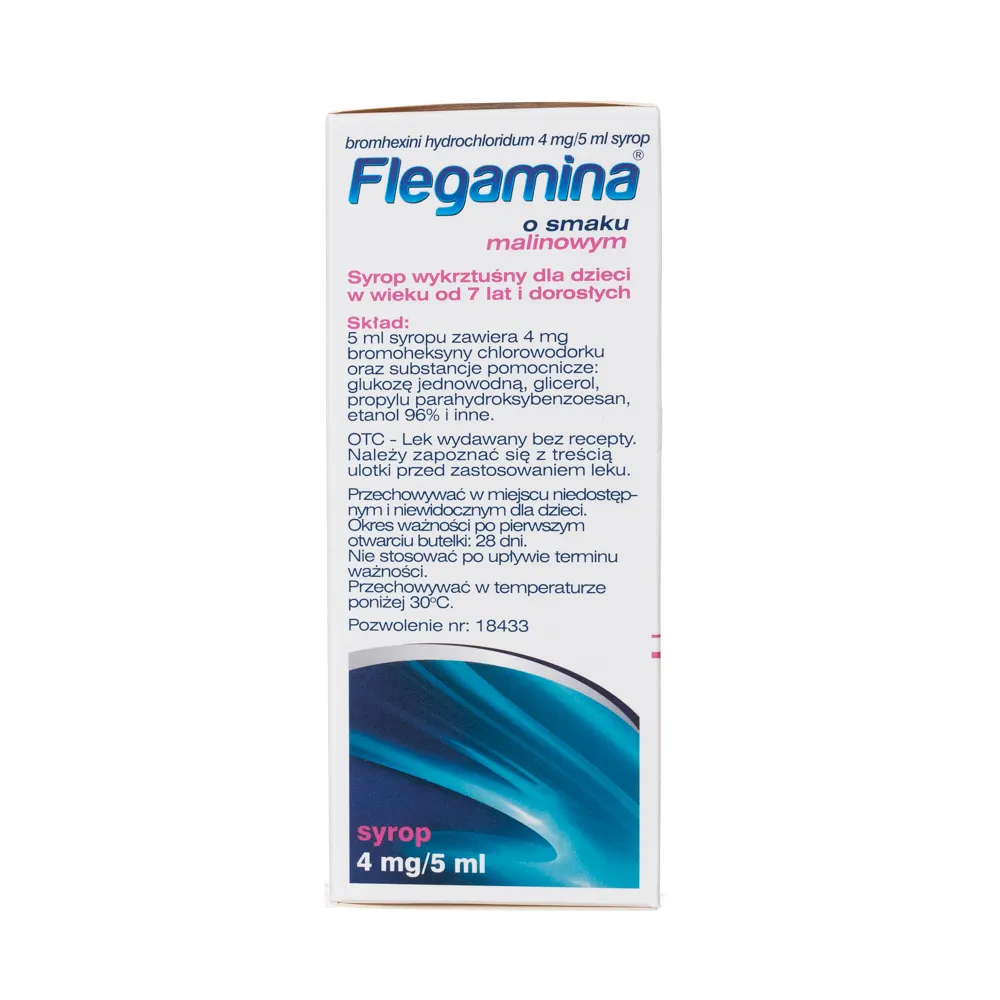 Flegamina o smaku malinowym, bromhexini hydrochloridum 4mg/5ml syrop 120 ml. 