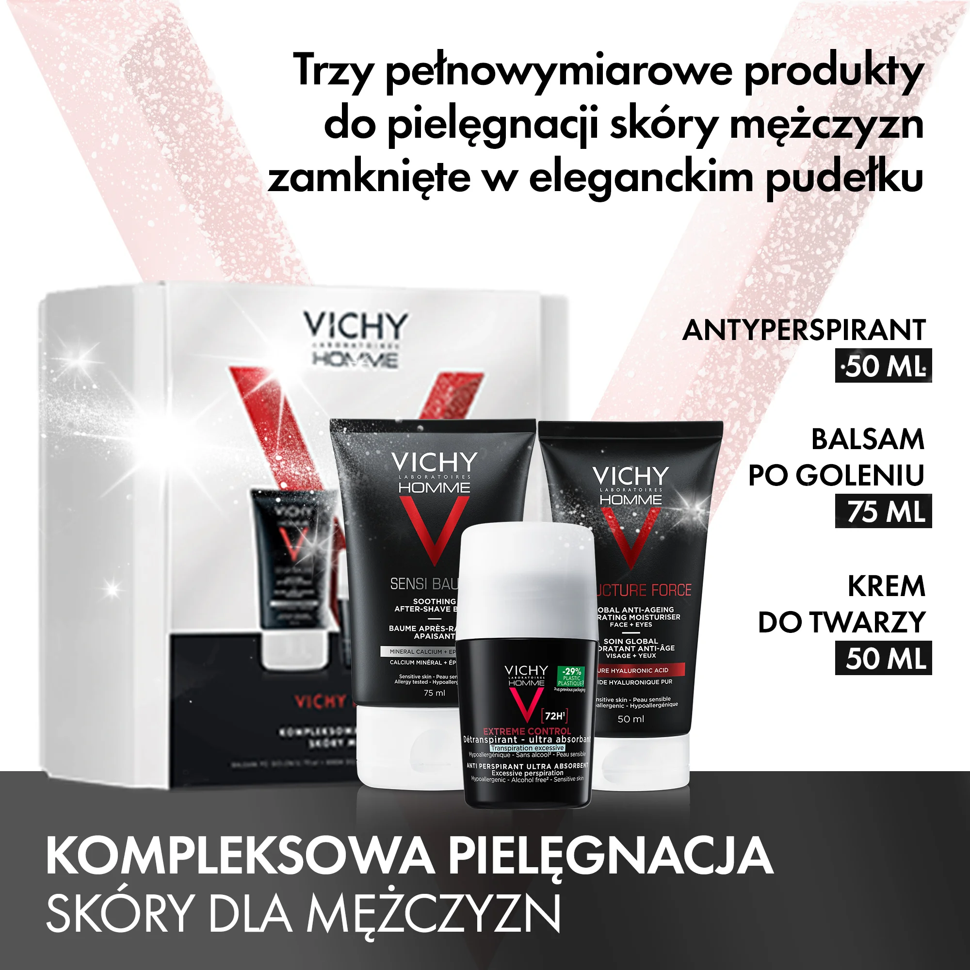 Vichy Homme Zestaw balsam po goleniu, 75 ml + krem przeciwzmarszczkowy, 50 ml + antyperspirant, 50 ml