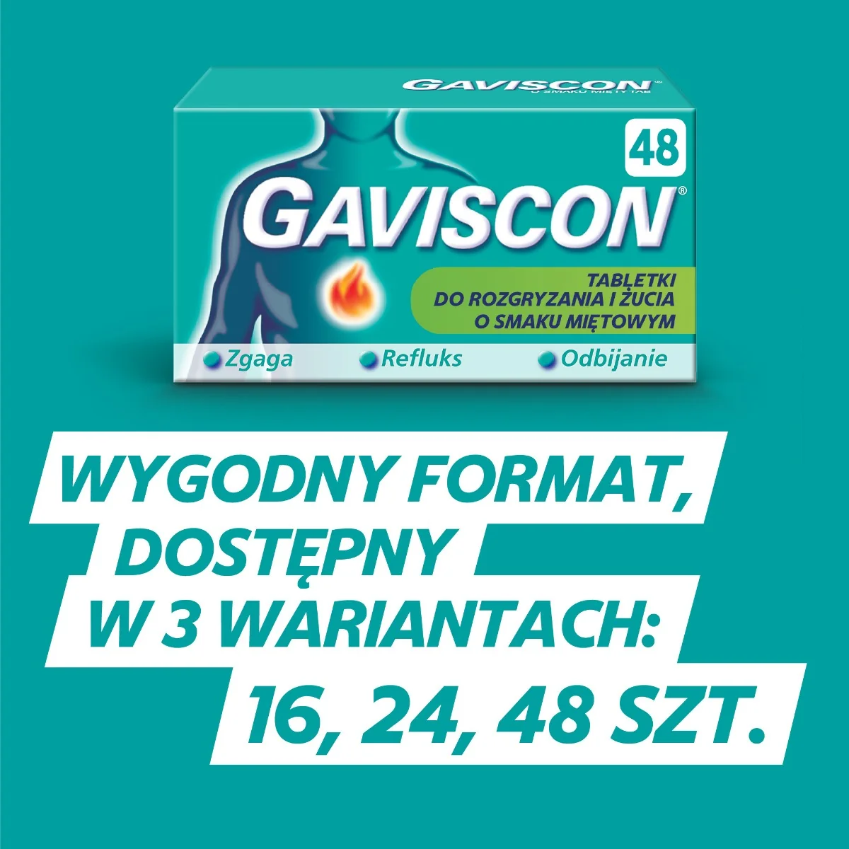 Gaviscon 48 tabletek do rozgryzania i żucia, smak miętowy