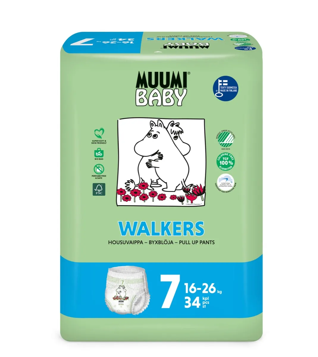 Muumi Baby Walkers 7 XL, Pieluchomajtki Ekologiczne 16-26 KG, 34 szt.