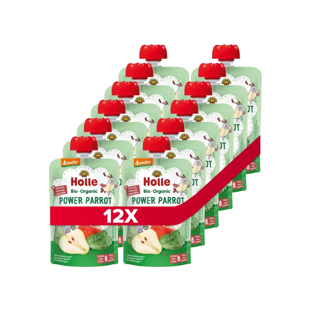 Holle BIO Demeter mus owocowo-warzywny z gruszką jabłkiem i szpinakiem Moc Papugi, 100 g