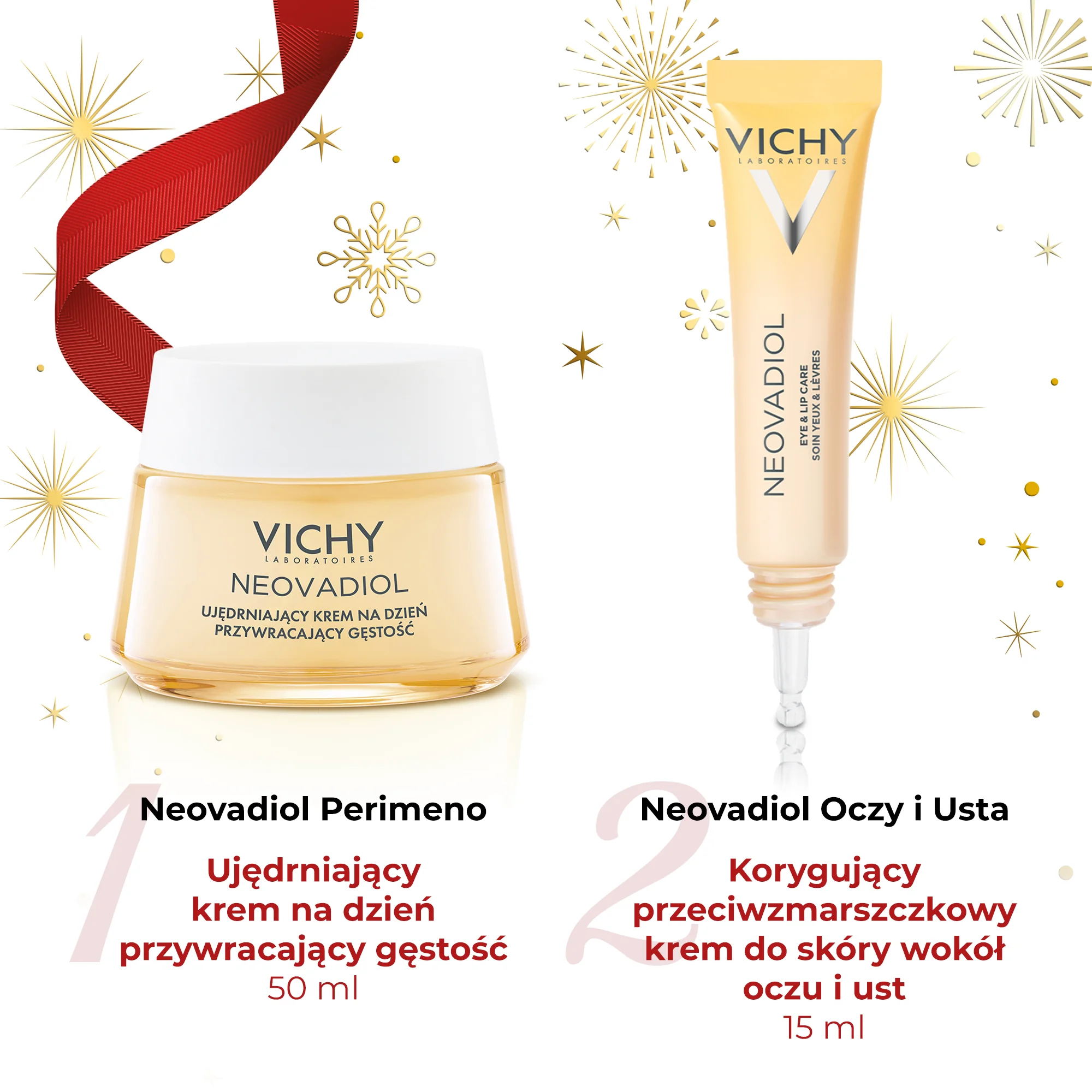 Vichy Neovadiol Perimenopauza zestaw w kosmetyczce: ujędrniający krem na dzień przywracający gęstość do skóry normalnej i mieszanej + korygujący krem do skóry wokół oczu i ust, 50 ml + 15 ml