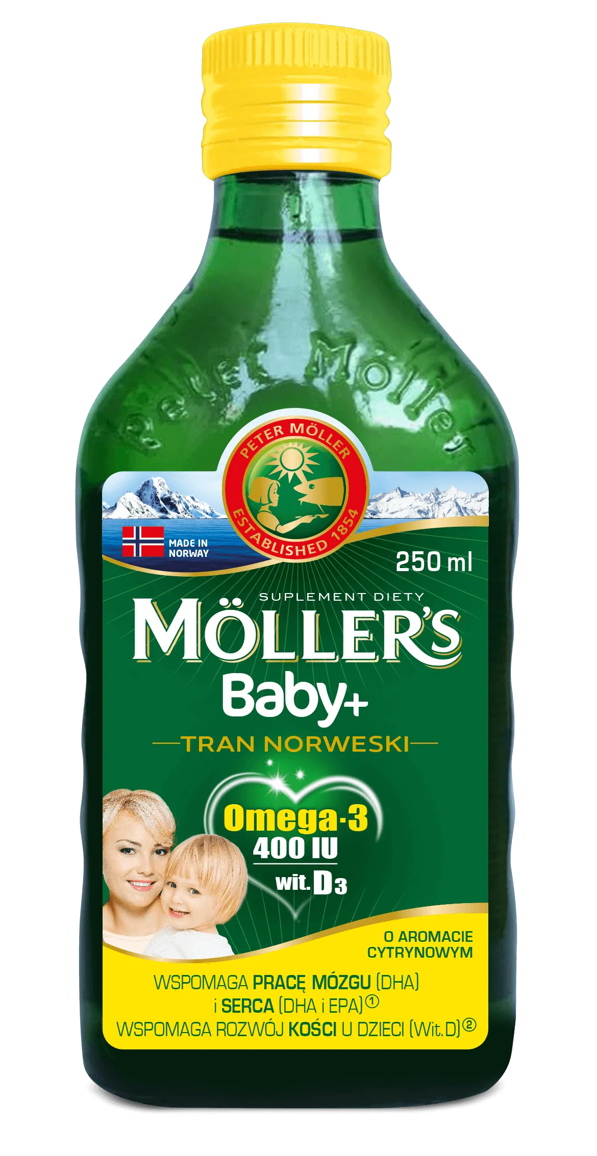 Moller's Baby+ Tran Norweski, suplement diety o smaku cytrynowy, 250 ml