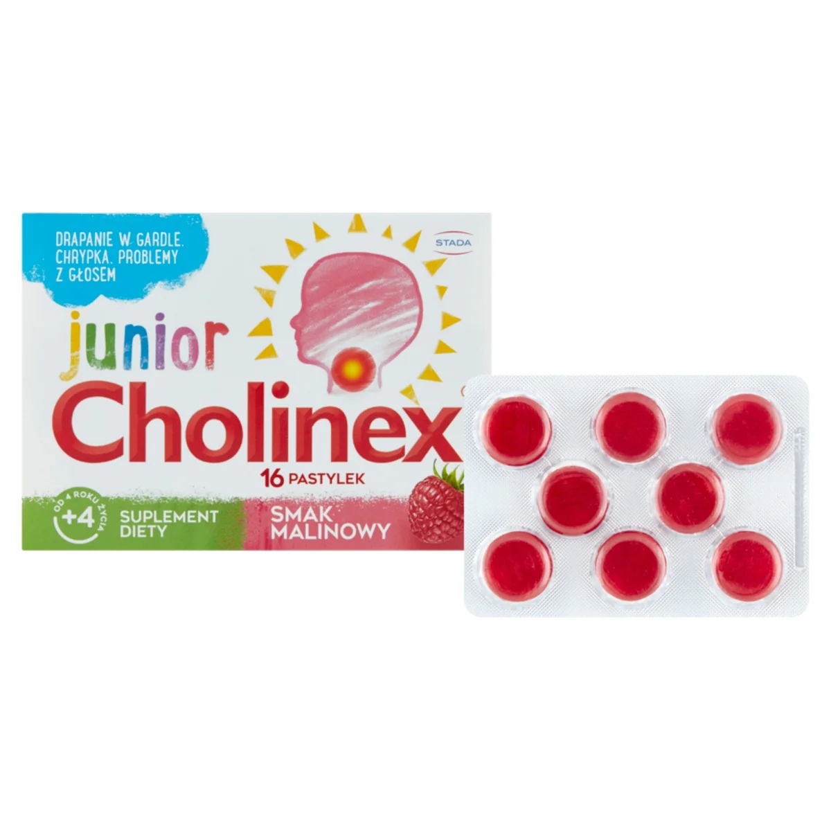 Cholinex Junior suplement diety od 4 roku życia, 16 pastylek do ssania, smak malinowy