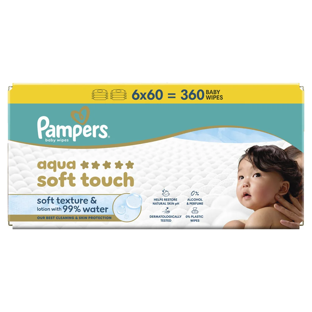 Pampers Aqua Soft Touch chusteczki nawilżane dla dzieci, 6 x 60 sztuk