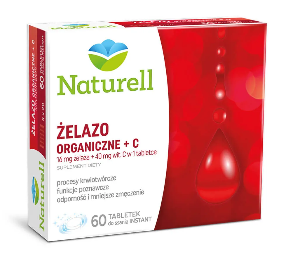 Naturell Żelazo Organiczne + C, suplement diety, 60 tabletek do ssania