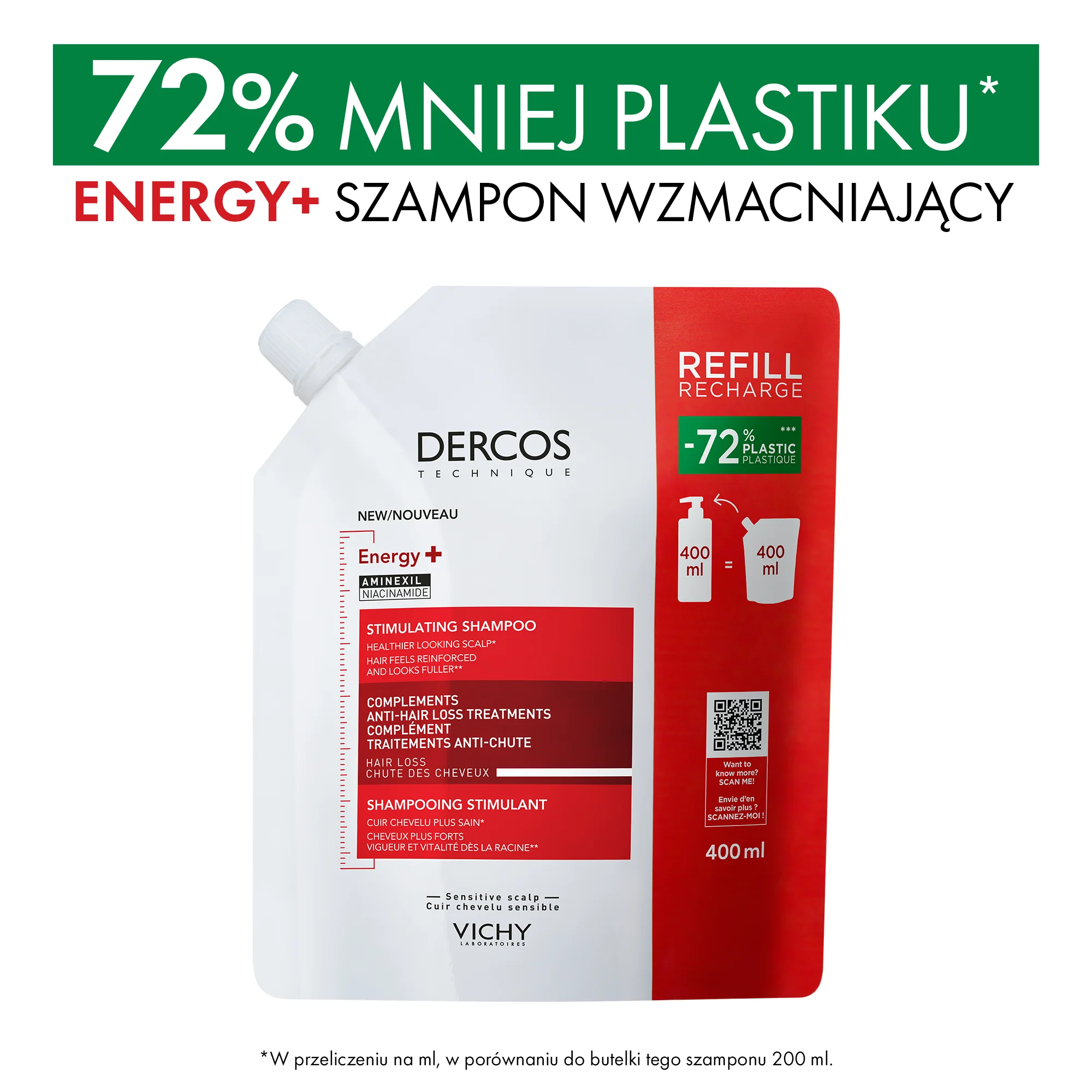 Vichy Dercos Energy+ szampon wzmacniający, REFILL, 400 ml