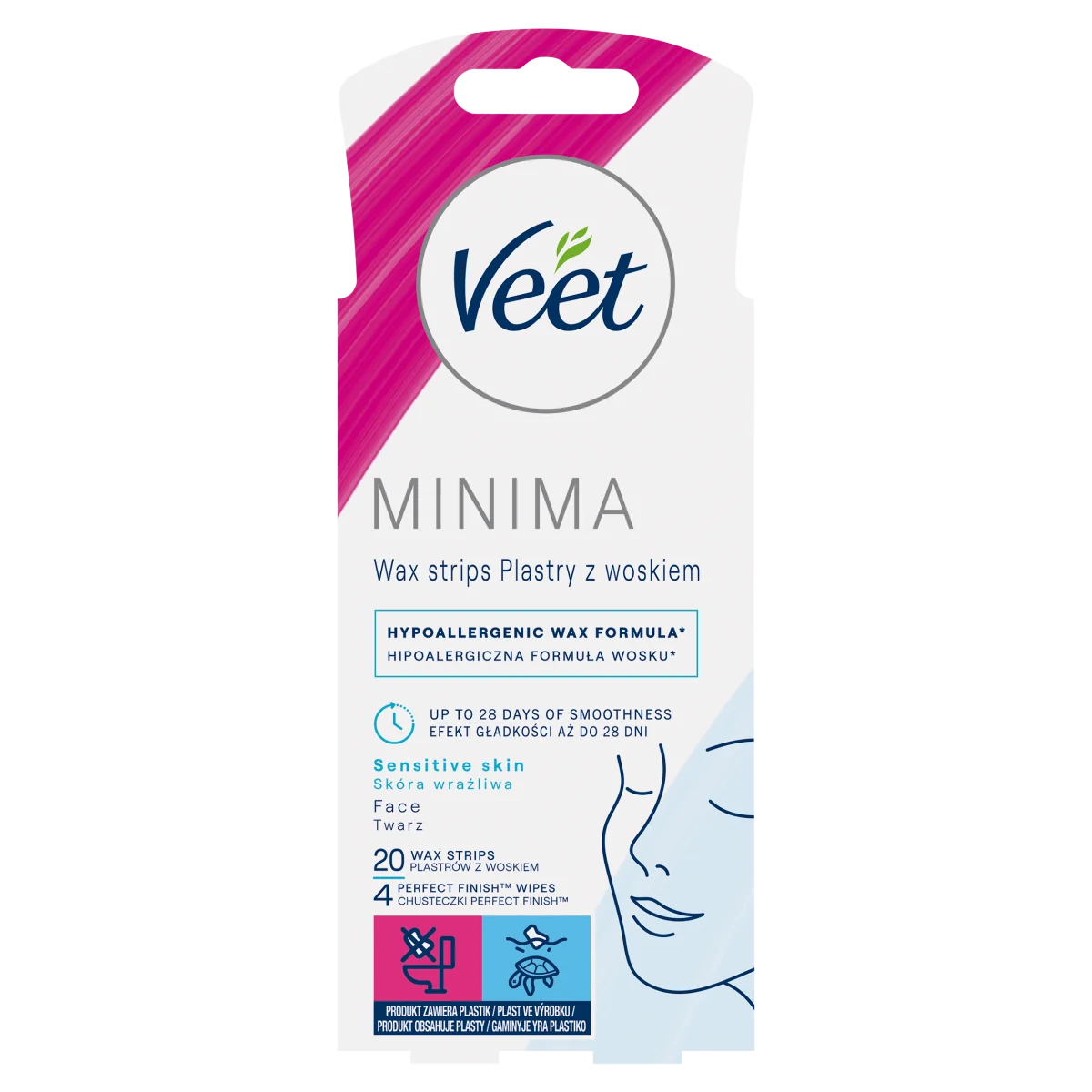 Veet Minima plastry z woskiem do depilacji twarzy do skóry wrażliwej, 20 szt.