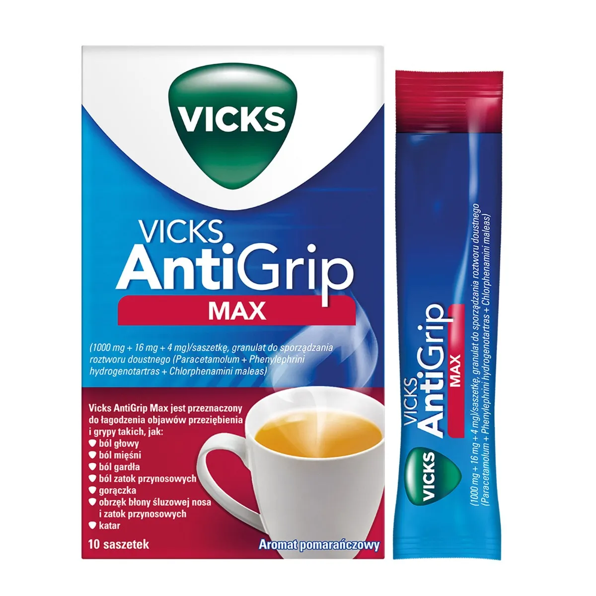 Vicks AntiGrip Max, 1000 mg + 16 mg + 4 mg, 10 saszetek