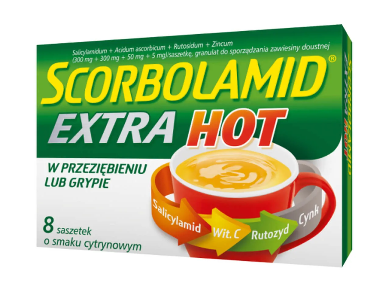 Scorbolamid Extra Hot, 300 mg+300 mg+50 mg+5 mg, smak cytrynowy, 8 saszetek