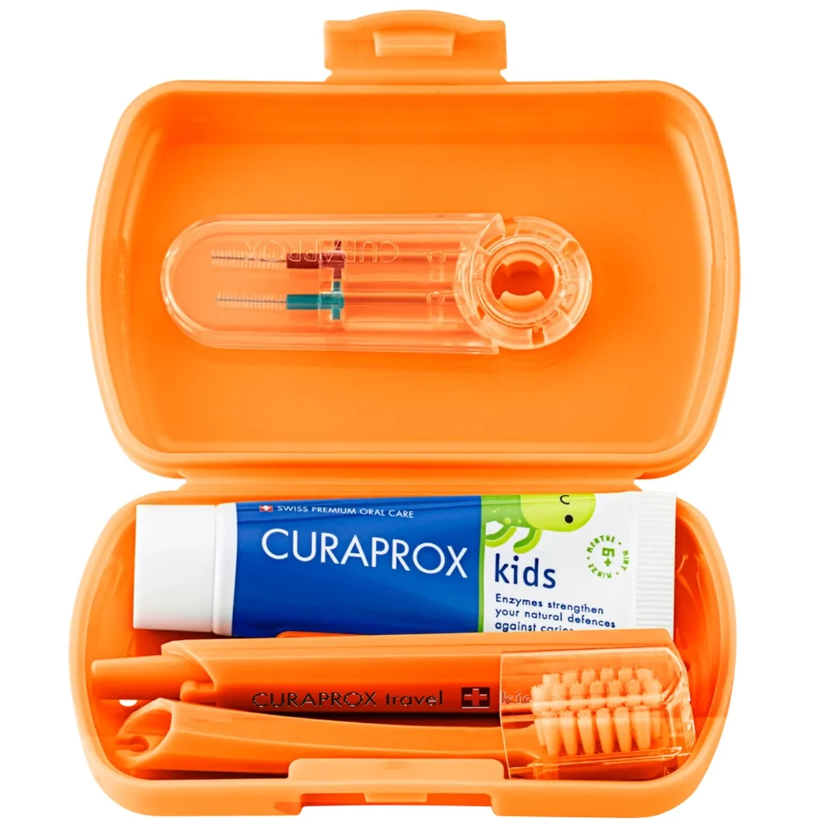 Curaprox Travel Set Kids zestaw podróżny do czyszczenia zębów dla dzieci 6-12 lat pomarańczowy