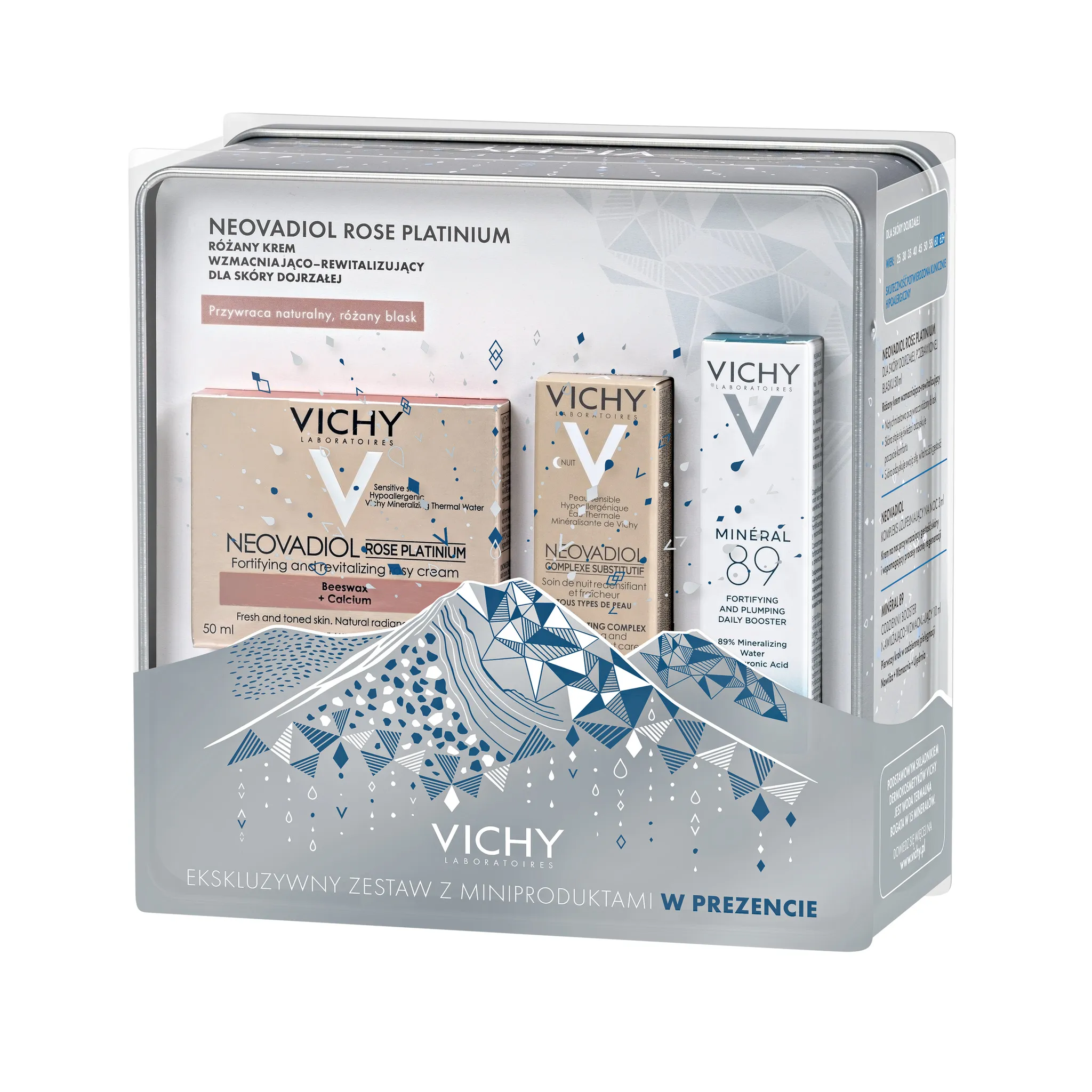Vichy zestaw Neovadiol Rose Platinum, różany krem wzmacniająco-rewitalizujący, 50 ml + codzienny booster nawilżająco-wzamcniający Mineral 89, 10 ml + krem Kompleks Uzupełniający na noc, 3 ml
