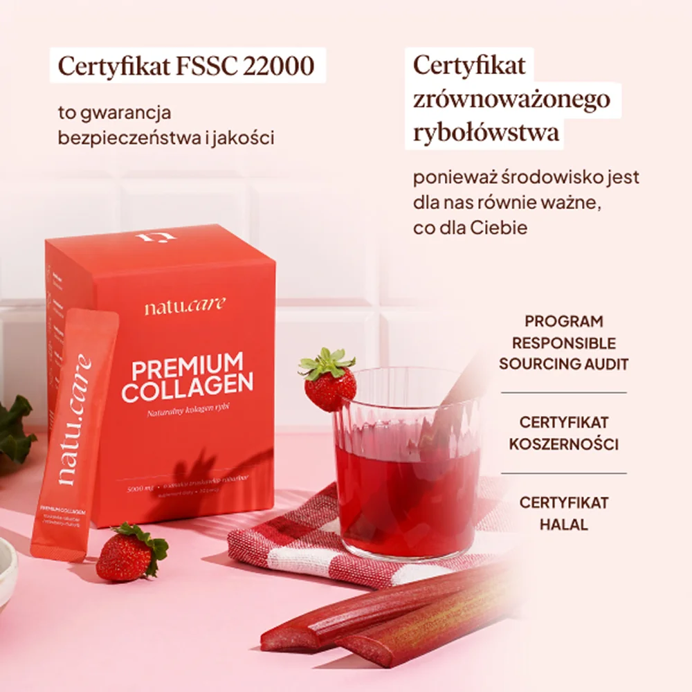 Natu.Care Premium Kolagen Rybi o smaku truskawka-rabarbar, 30 saszetek