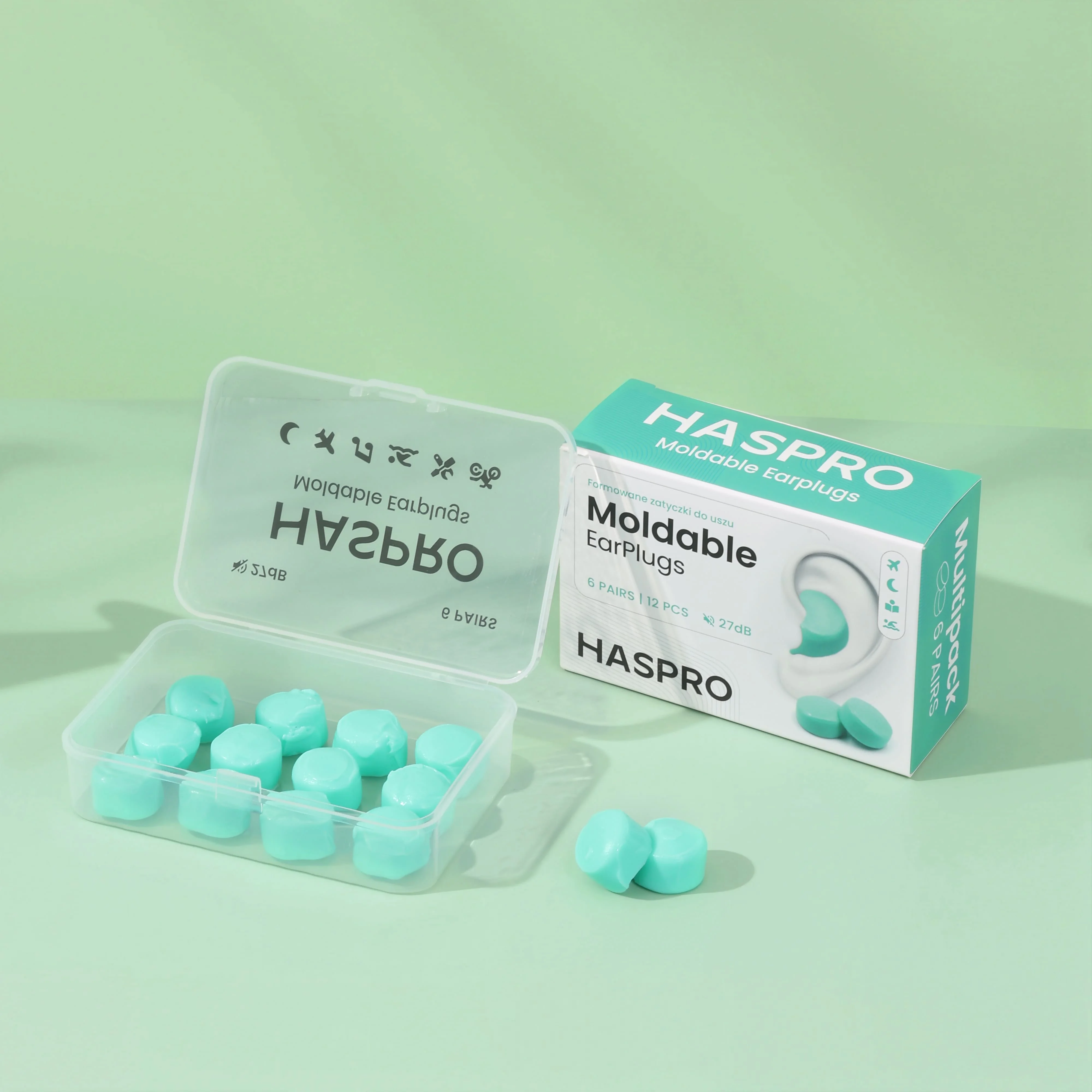 Haspro Mold 6P formowane zatyczki do uszu, kolor miętowy, 6 par