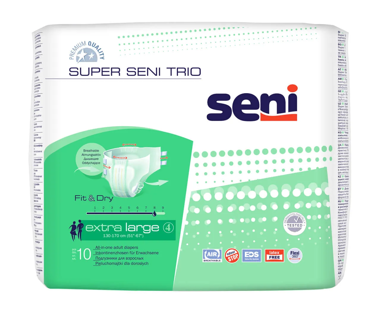 Seni Super Trio. extra large 130-170 cm, pieluchomajtki zapinane na rzepy, 10 sztuk