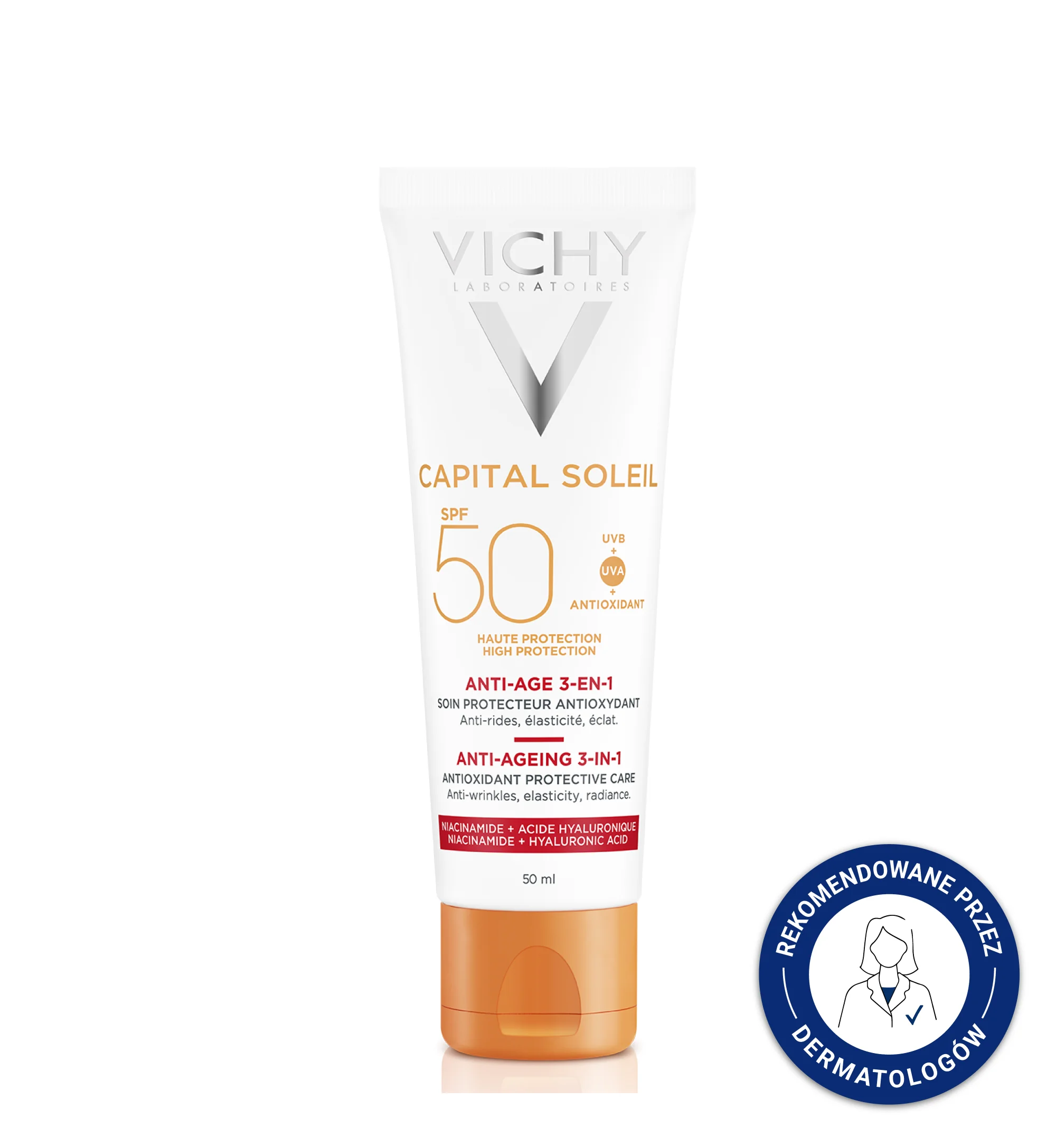 Vichy Capital Soleil, Krem Przeciwstarzeniowy do twarzy 3w1 SPF50, 50 ml