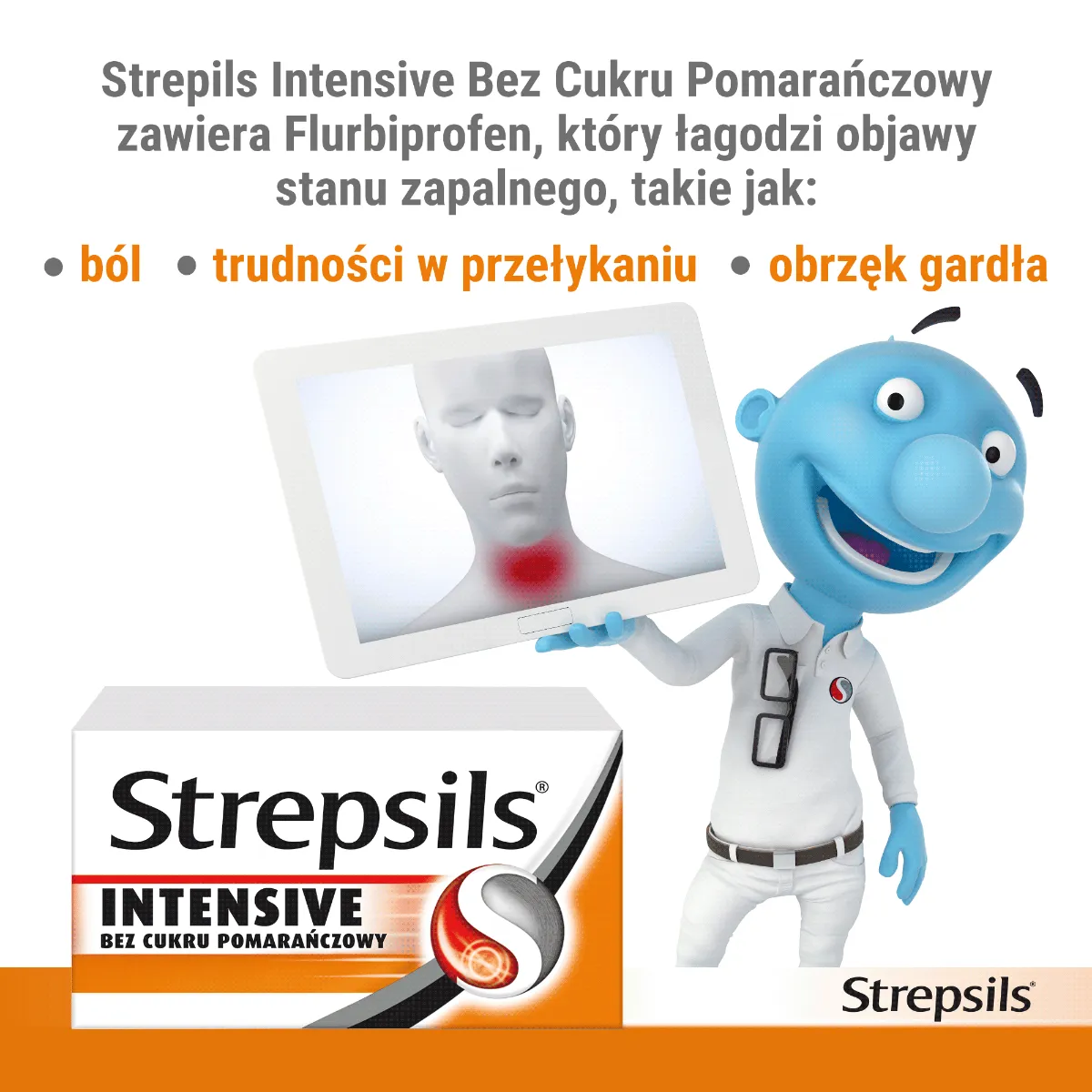 Strepsils Intensive, 8,75 mg, bez cukru, smak pomarańczowy, 16 pastylek 