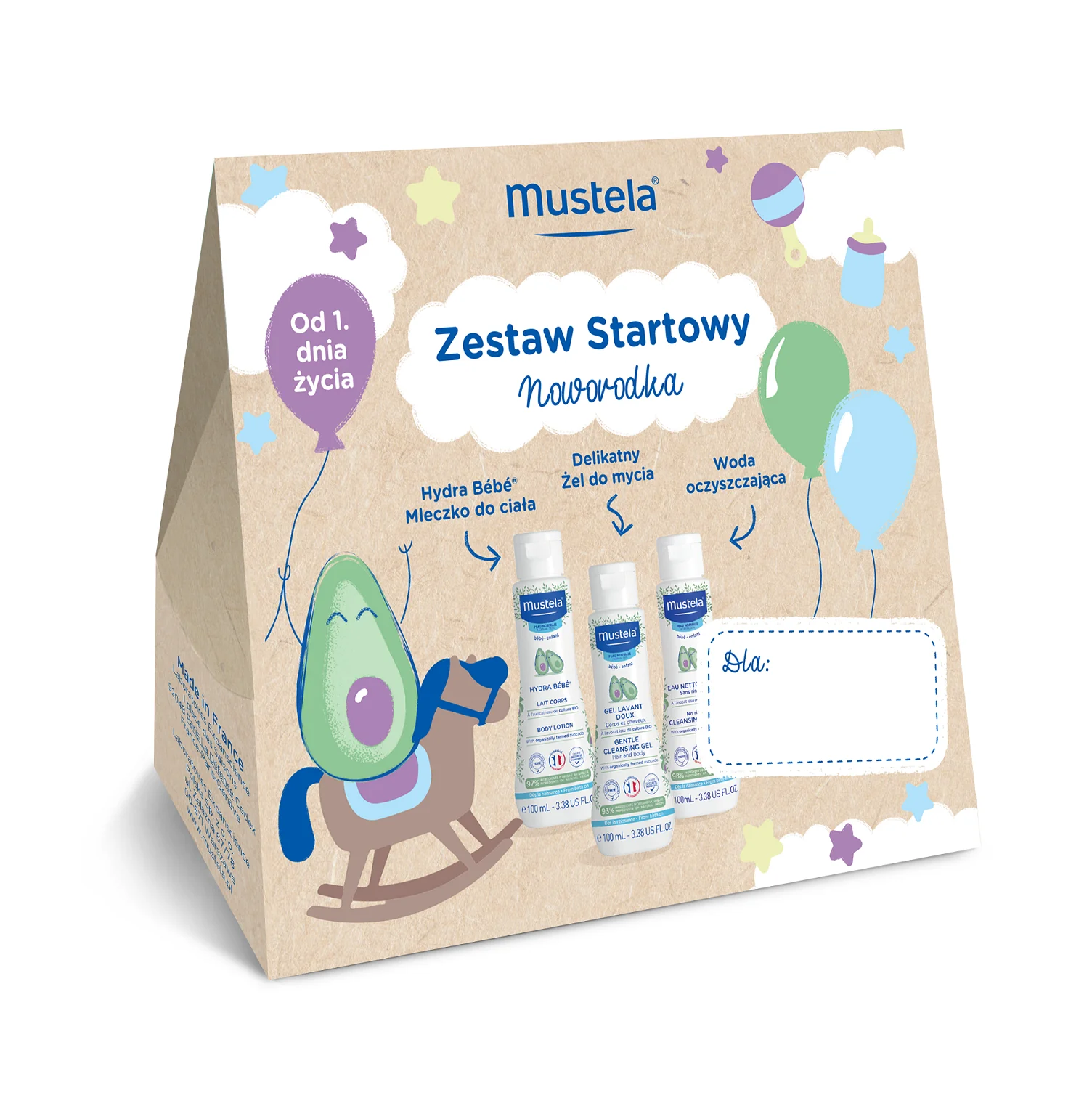 Mustela Zestaw Startowy Noworodka delikatny żel do mycia, 100 ml + woda oczyszczająca bez spłukiwania, 100 ml + mleczko do ciała, 100ml