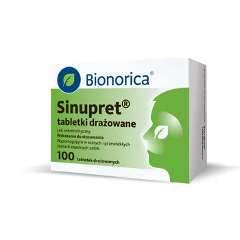 Sinupret - 100 tabletek stosowanych wspomagająco w ostrych i przewlekłych stanach zaplanych zatok. 