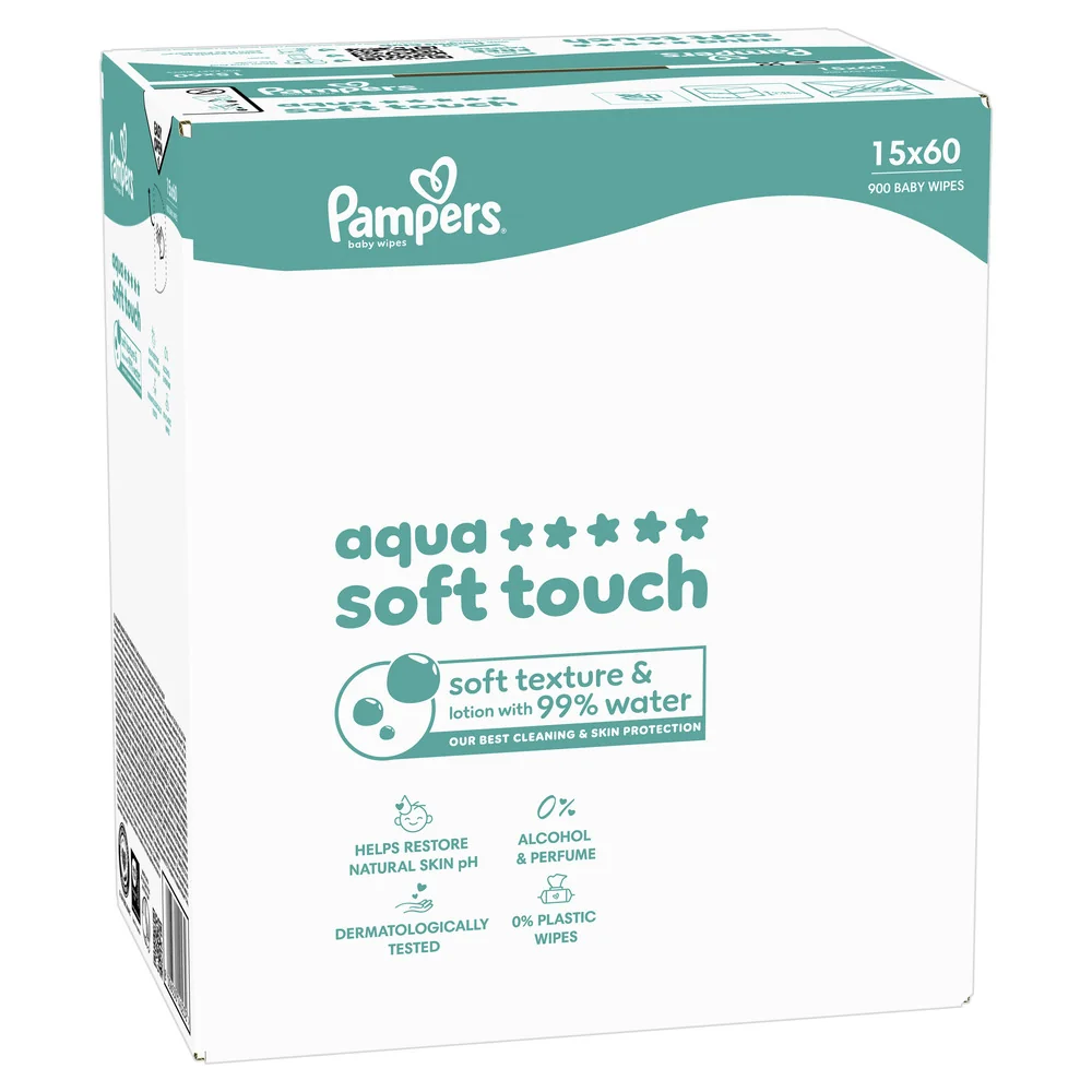 Pampers Aqua Soft Touch chusteczki nawilżane dla dzieci, 15 x 60 sztuk