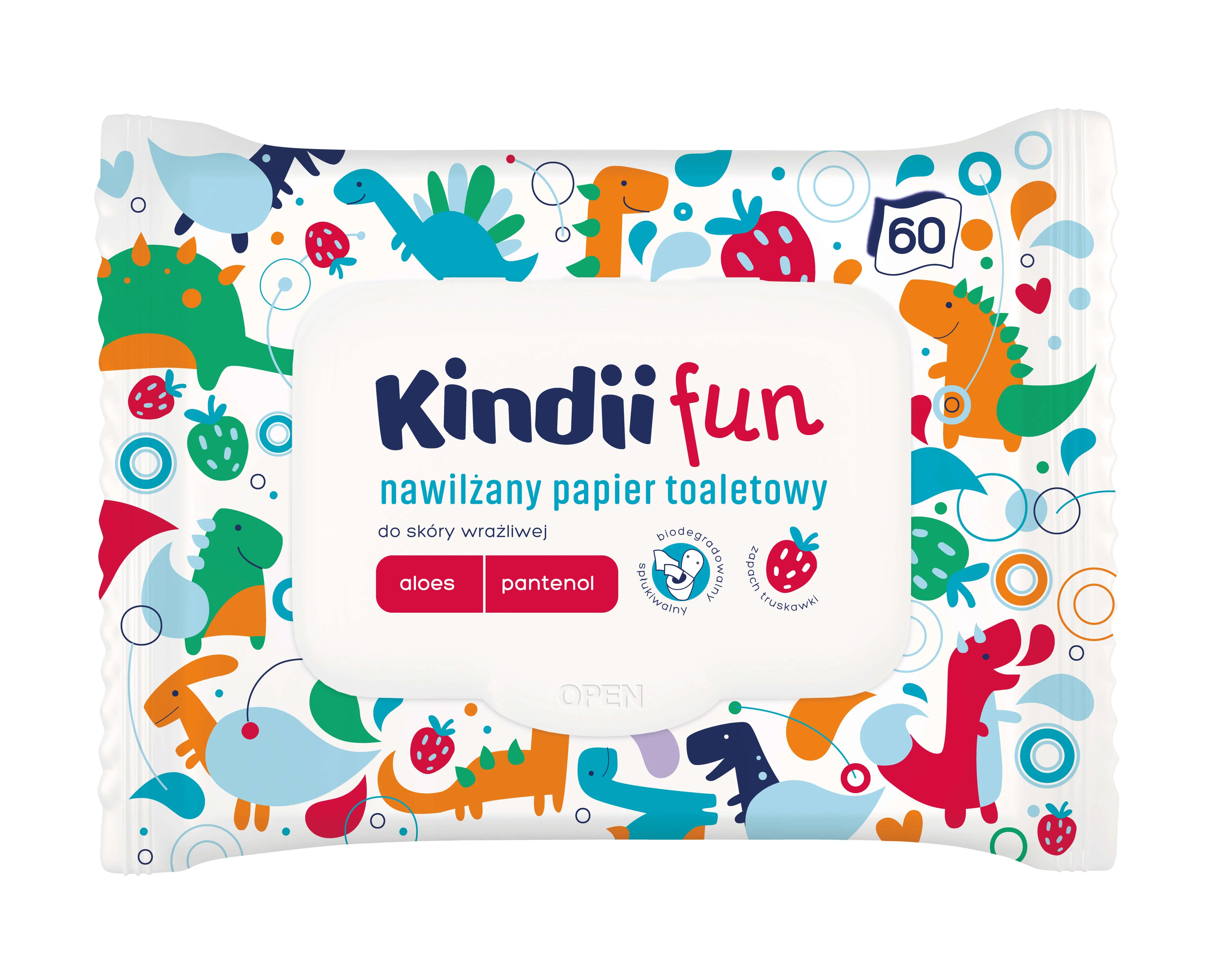 Kindii Fun, nawilżany papier toaletowy, 60 sztuk