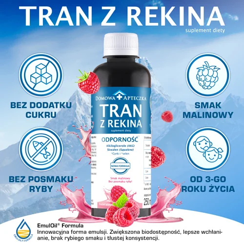 Tran z Rekina suplement diety, smak malinowy, 250 ml