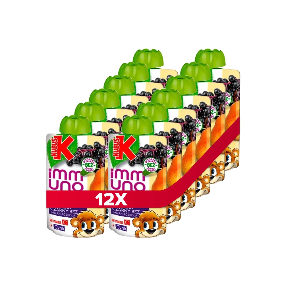 Kubuś Immuno Odporność mus dla dzieci, gruszka, czarny bez, 12 x 100 g