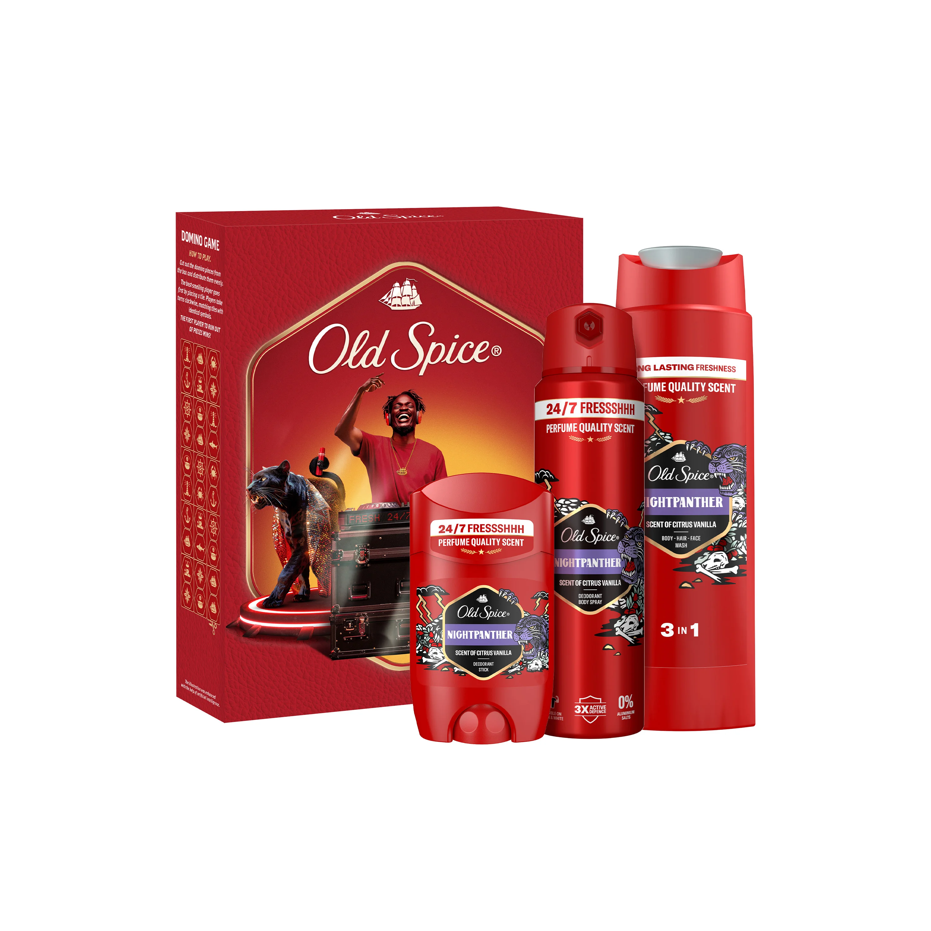 Old Spice Night Panther Xmass Zestaw dezodorant w sprayu, 150 ml + dezodorant w sztyfcie, 50 ml + żel pod prysznic, 250 ml