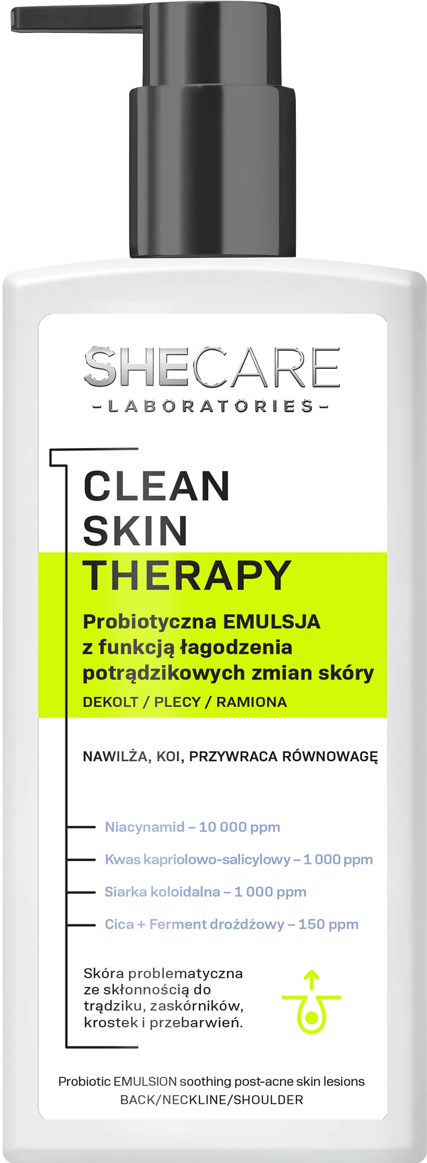 SheCare Clean Skin Therapy probiotyczna emulsja do ciała z funkcją łagodzenia potrądzikowych zmian skóry, 225 ml