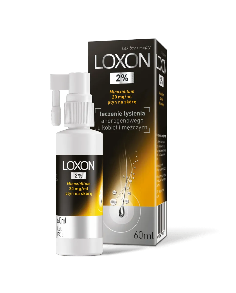 Loxon 2% minoxidilum, lek stosowany przy leczeniu łysienia andragenowego u mężczyzn i kobiet, 60 ml 