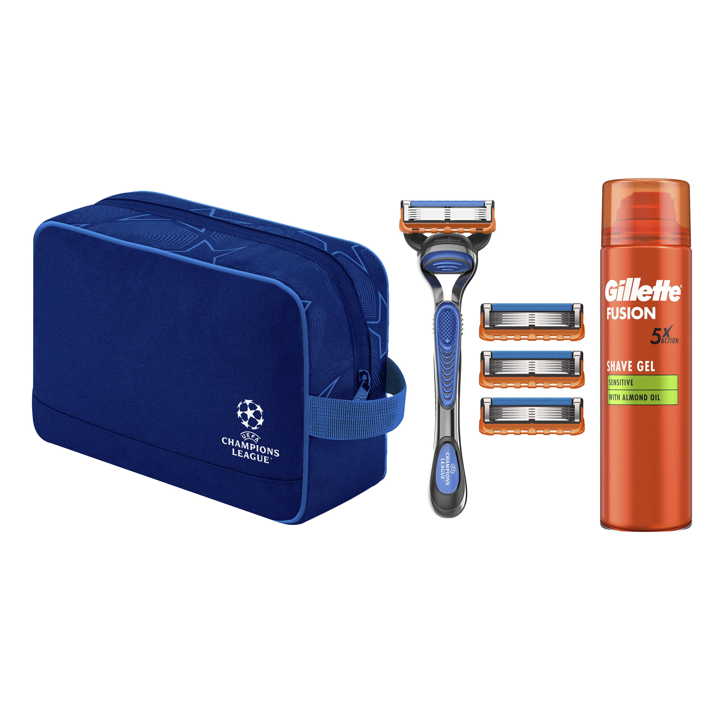 Gillette Fusion5 UEFA Champions League Special Edition Zestaw maszynka do golenia + 4 głowice + żel do golenia, 200 ml