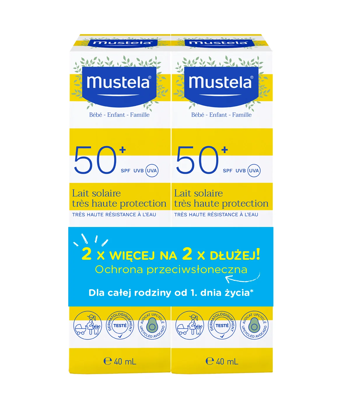 Mustela Zestaw 2x więcej na 2x dłużej mleczko przeciwsłoneczne SPF 50+, 2 x 40 ml