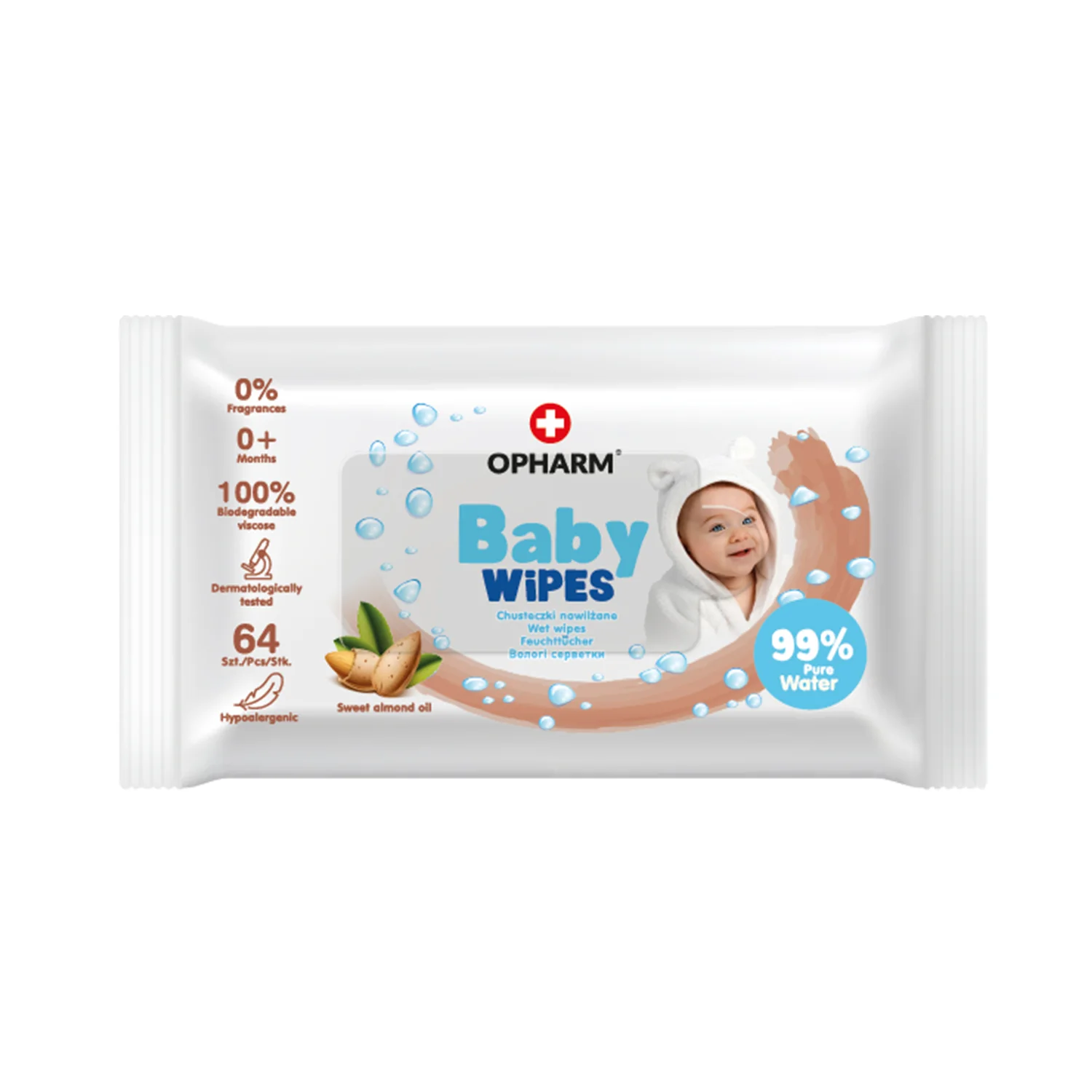 Baby Wipes chusteczki nawilżane przeznaczone są do oczyszczania i pielęgnacji delikatnej skóry dzieci i niemowląt, 64 sztuki