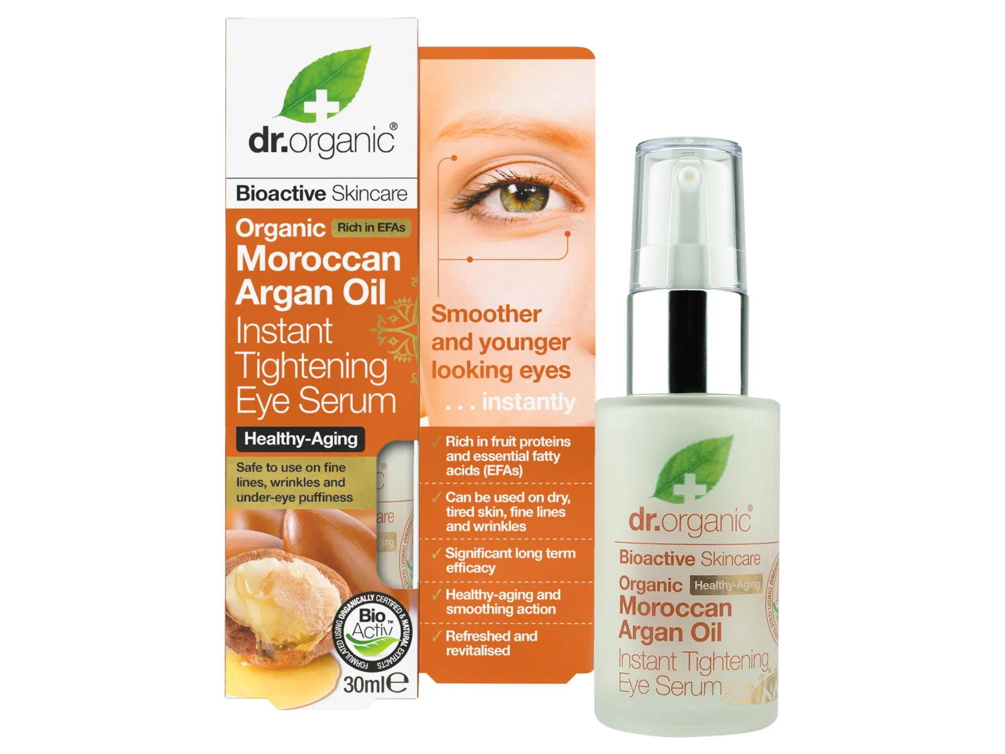 Dr.Organic, rozświetlające serum pod oczy z organicznym marokańskim olejem arganowym, 30 ml