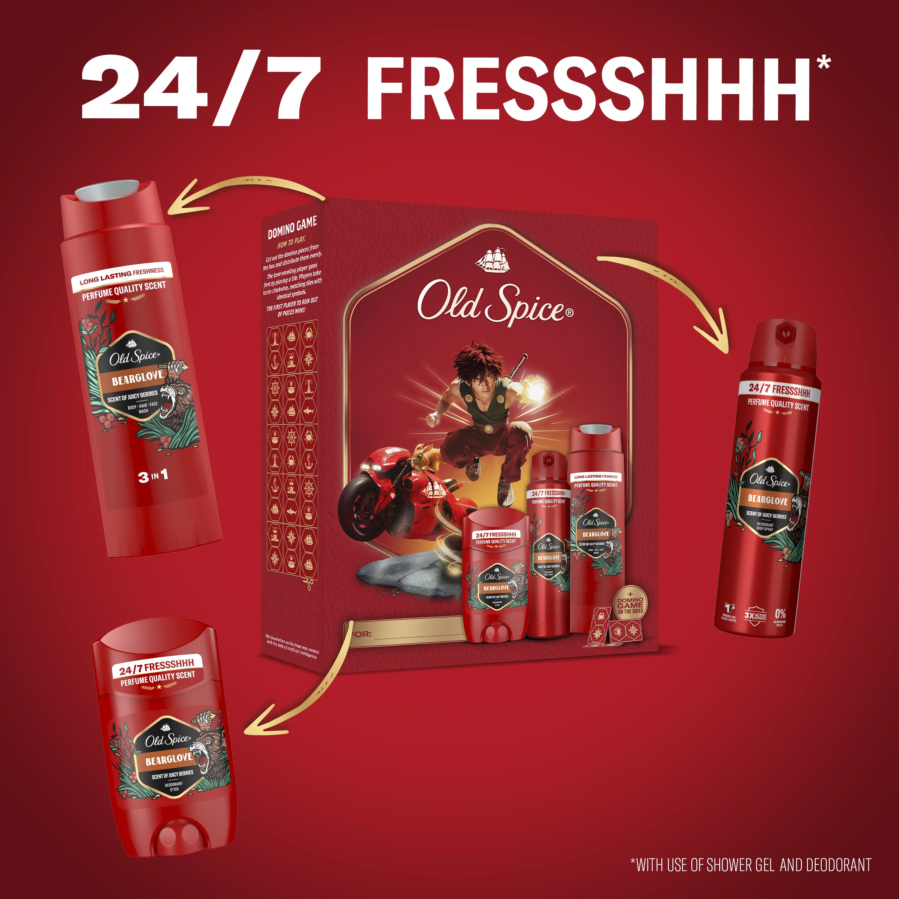 Old Spice Bearglove Anime Xmass Zestaw dezodorant w sztyfcie, 50 ml + dezodorant w sprayu, 150 ml + żel pod prysznic, 250 ml