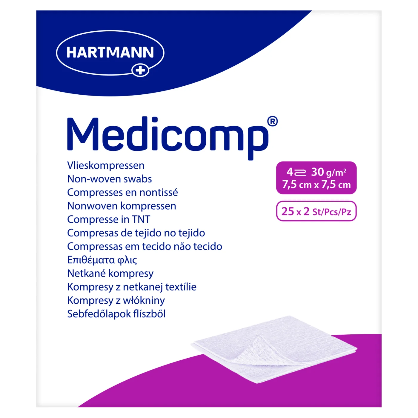 Medicomp kompresy włókniste jałowe, 4-warstwowe, 7,5 cm x 7,5 cm, 25 x 2 szt.