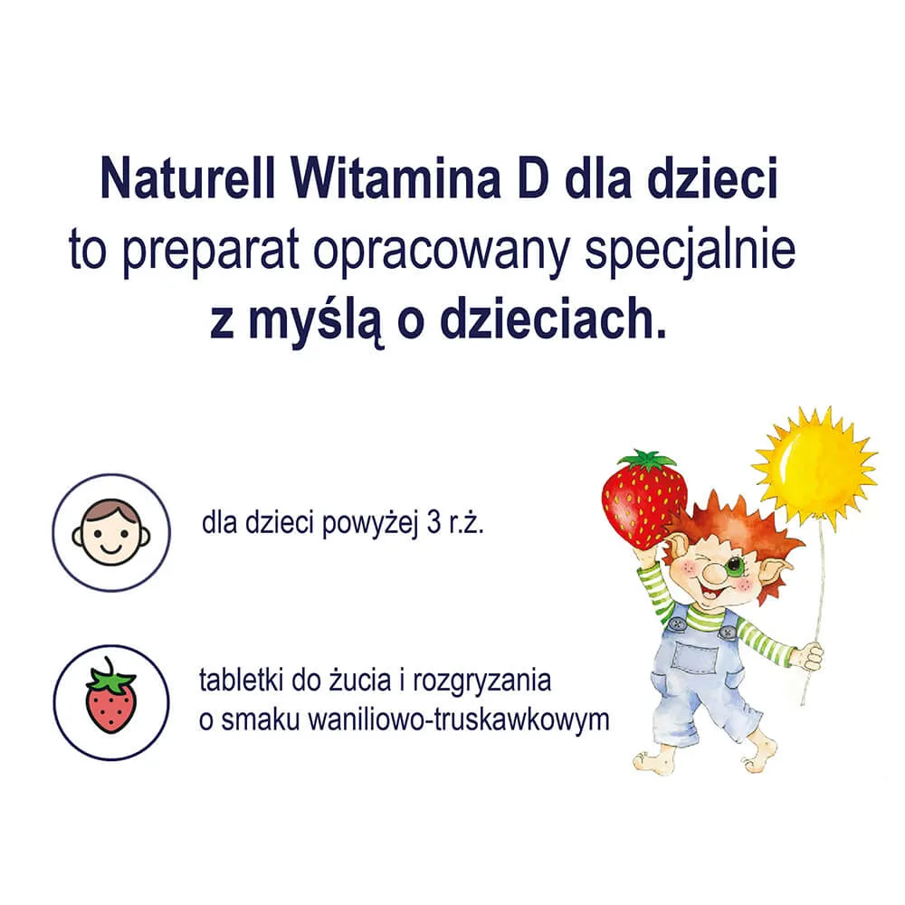 Naturell Witamina D dla dzieci, suplement diety, tabletki do rozgryzania i żucia, 60 sztuk 