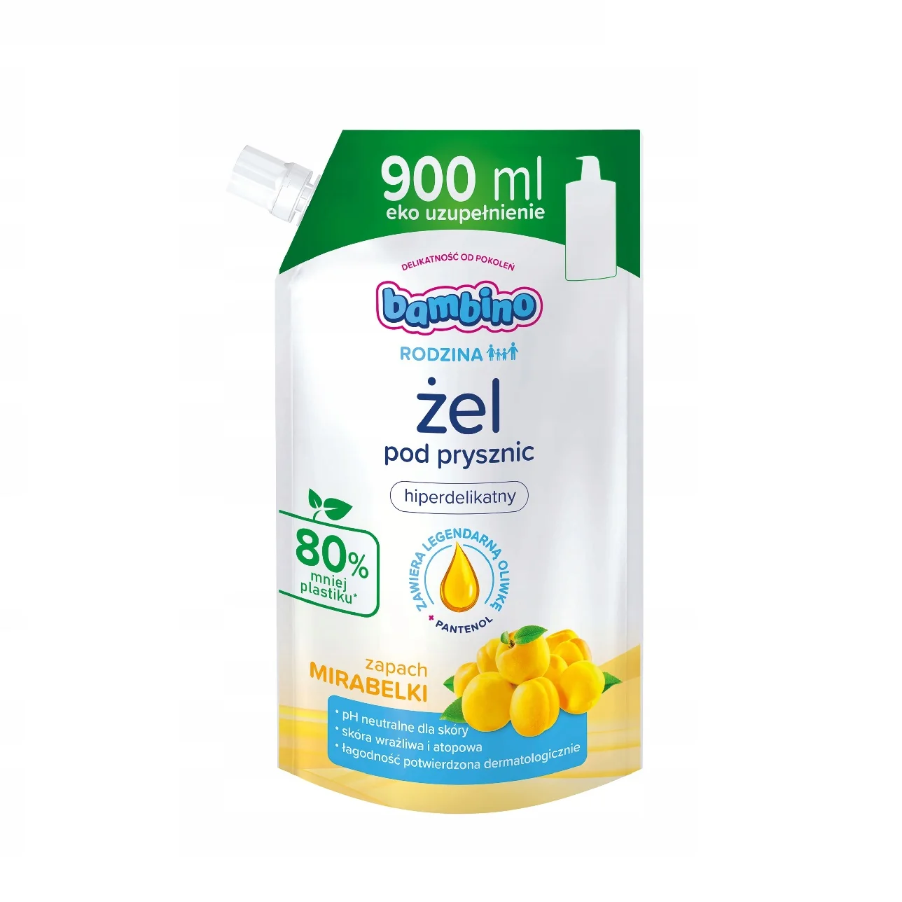 Bambino Rodzina hiperdelikatny żel pod prysznic Mirabelka, zapas, 900 ml