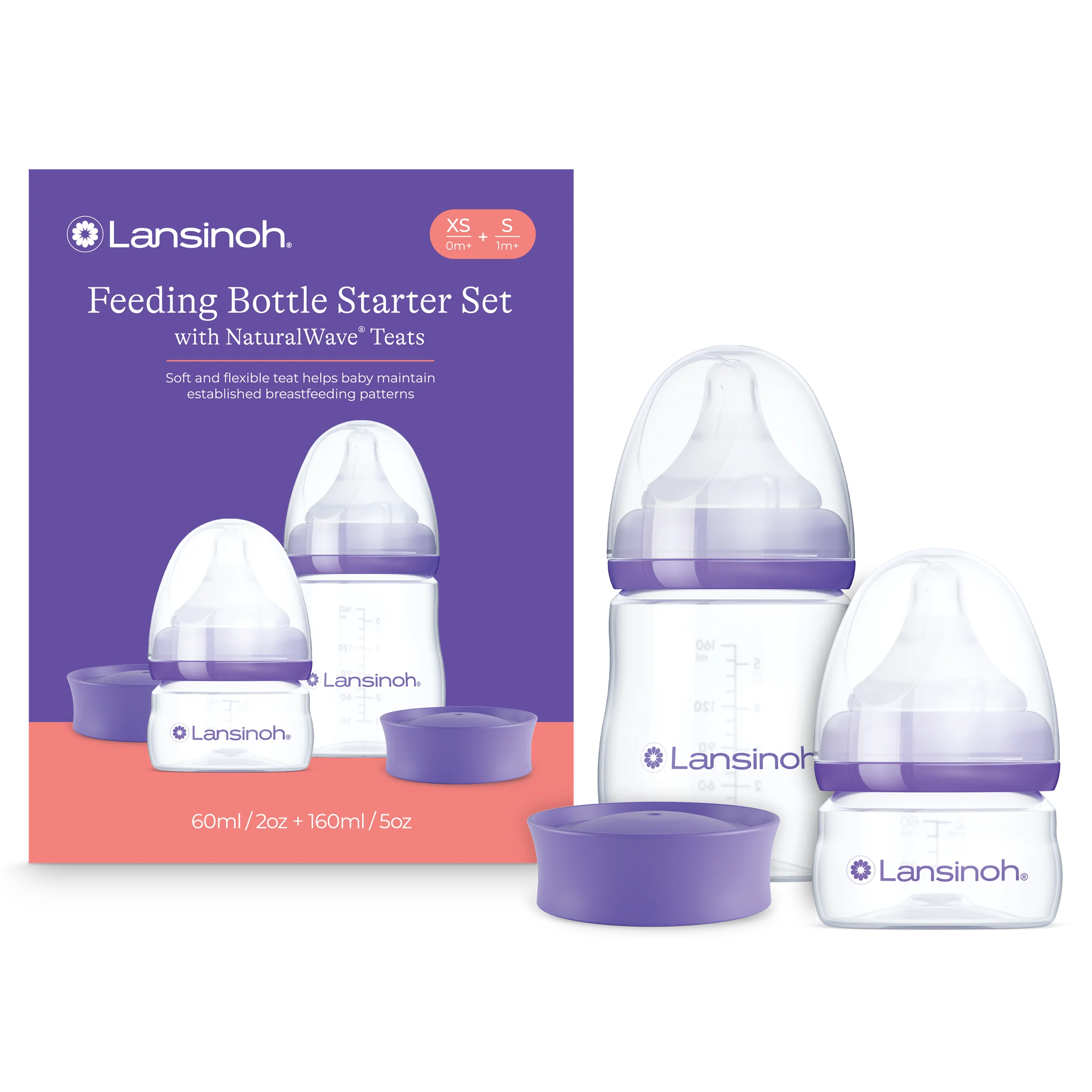Lansinoh Zestaw startowy butelki do karmienia 60 ml + 160 ml ze smoczkiem NaturalWave, 2 sztuki