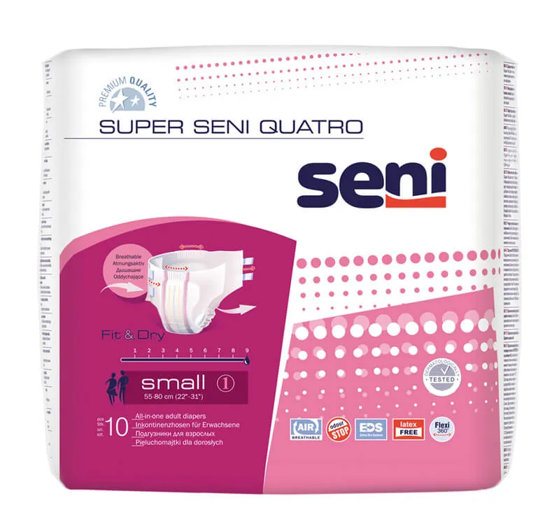 Seni Super Quatro. small 55-80 cm, pieluchomajtki zapinane na rzepy, 10 sztuk