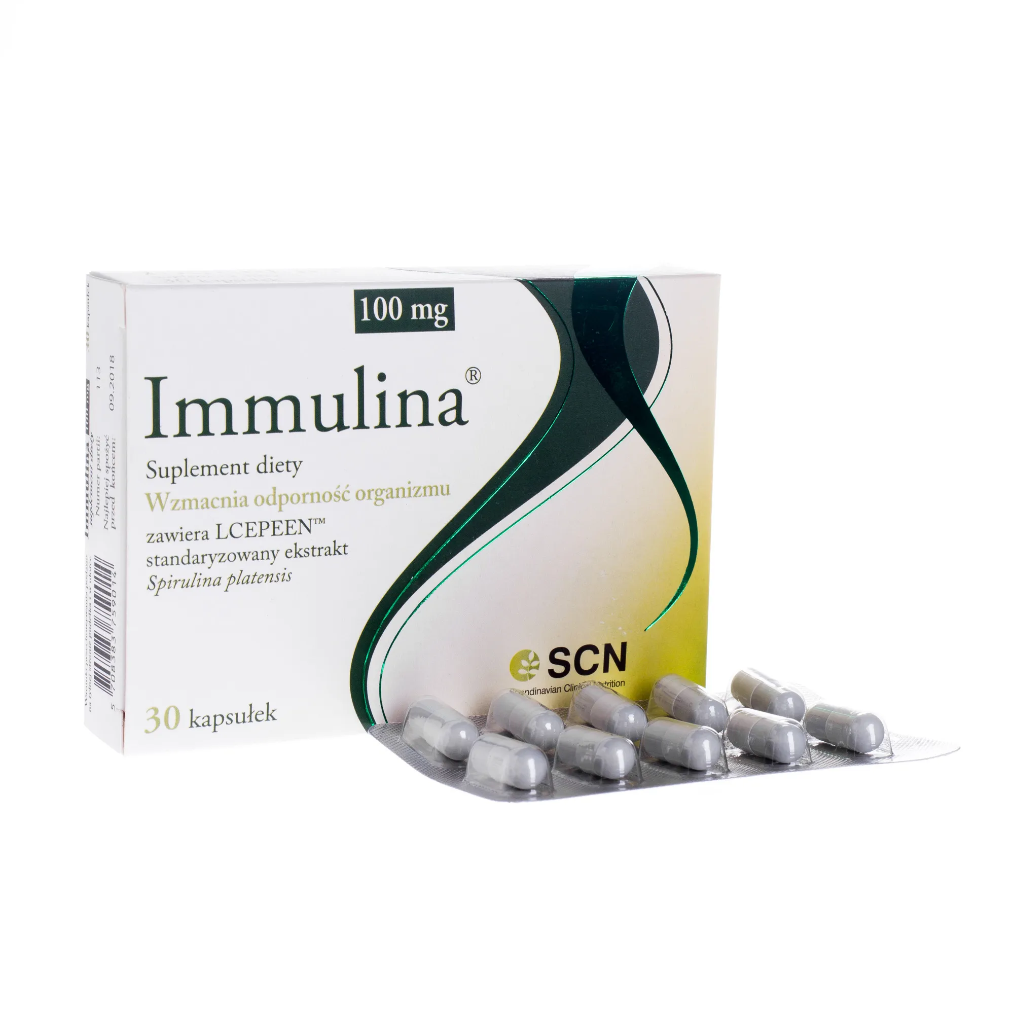 Immulina 100 mg, wzmacnia odporność organizmu, 30 kapsułek