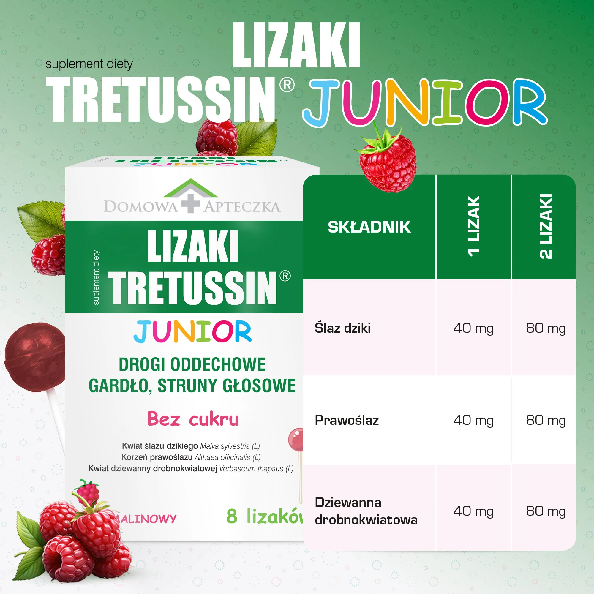 Domowa Apteczka Lizaki Tretussin Junior smak malinowy, 8 sztuk