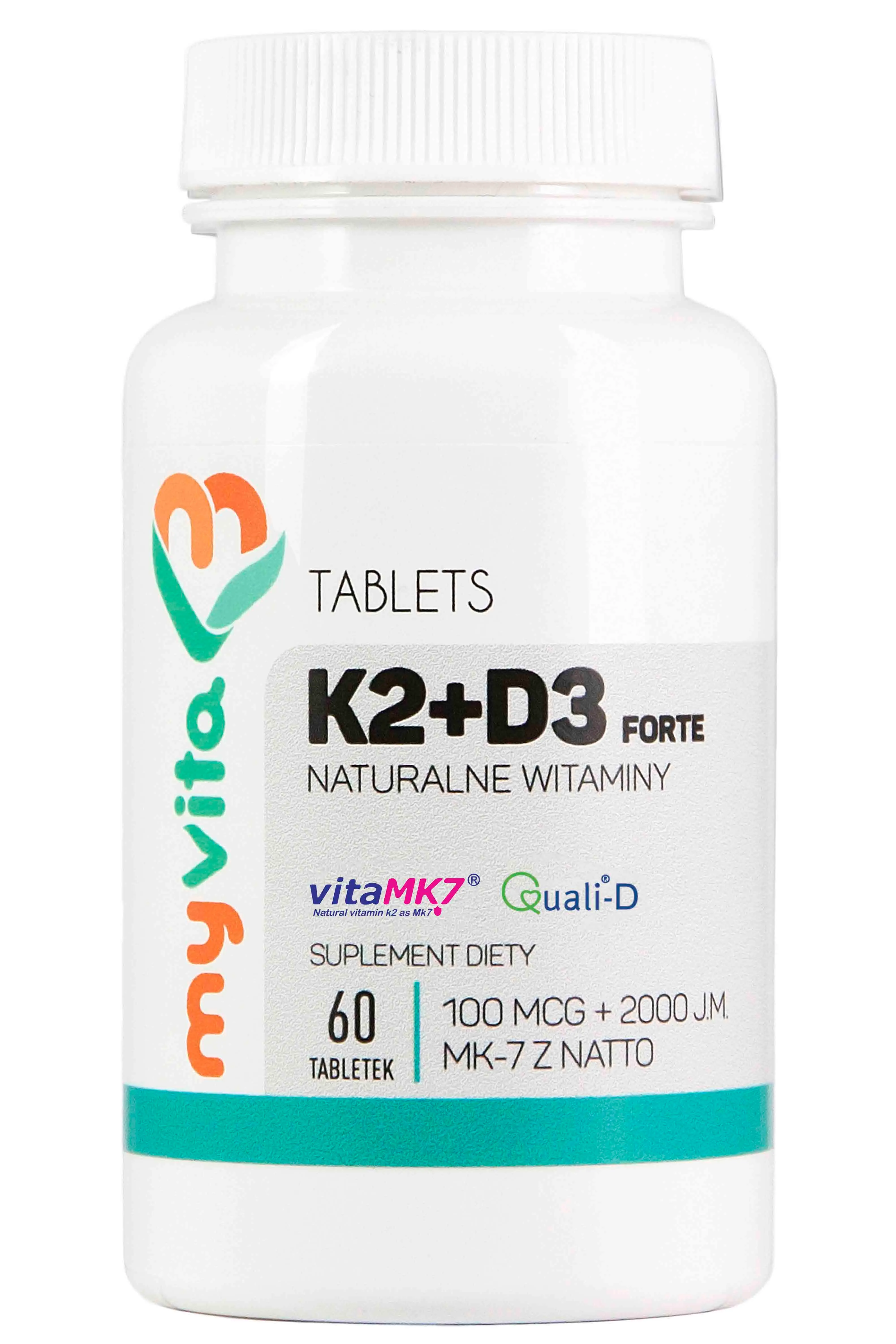 MyVita, Naturalna witamina K2+D3 100mcg + 2000IU Forte, suplement diety, 60 tabletek
