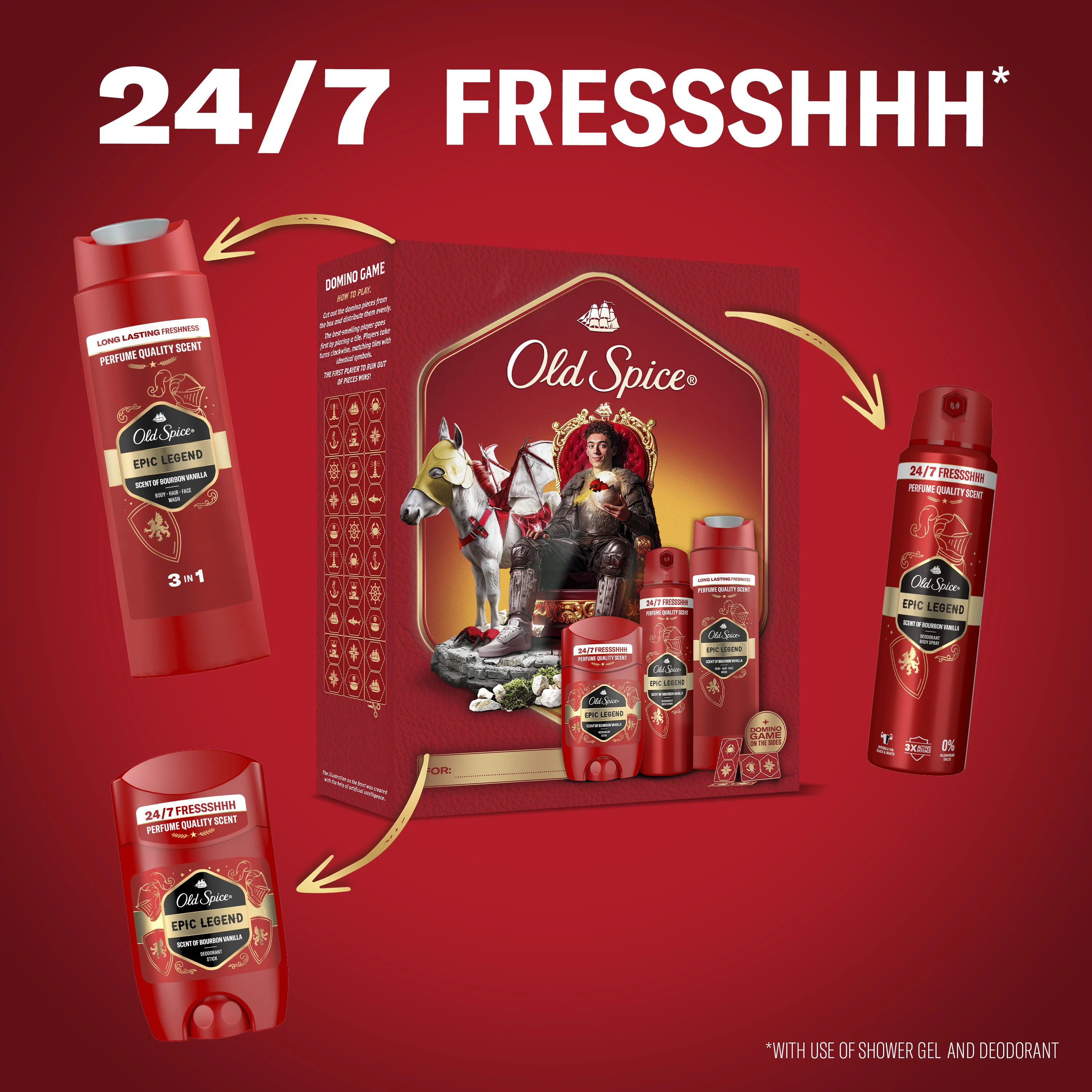 Old Spice Epic Legend Knight Xmass Zestaw dezodorant w sztyfcie, 50 ml + dezodorant w sprayu, 150 ml + żel pod prysznic, 250 ml